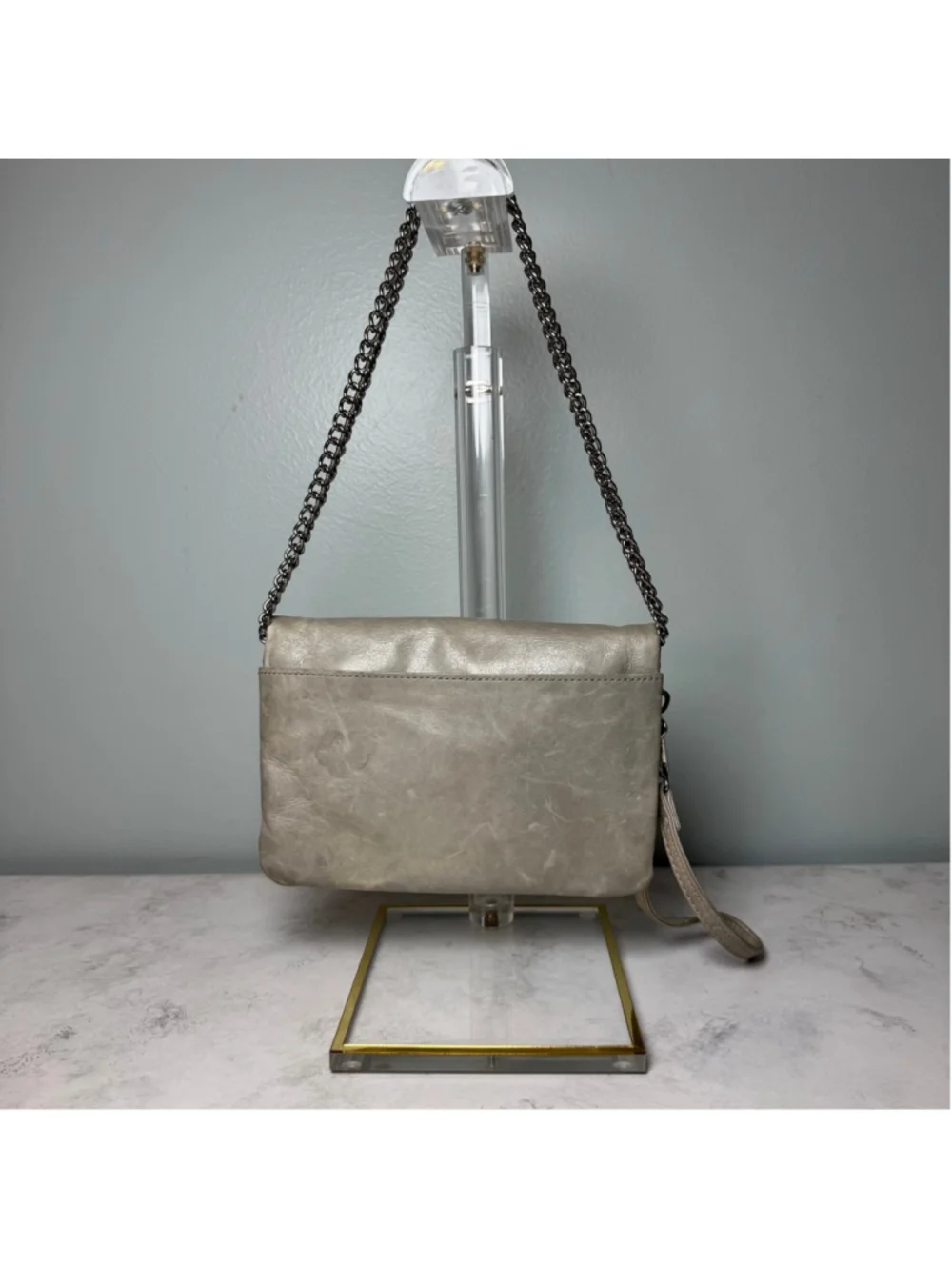 Women's Hobo Daria Leather Shoulder Bag Clutch Small Taupe Silver